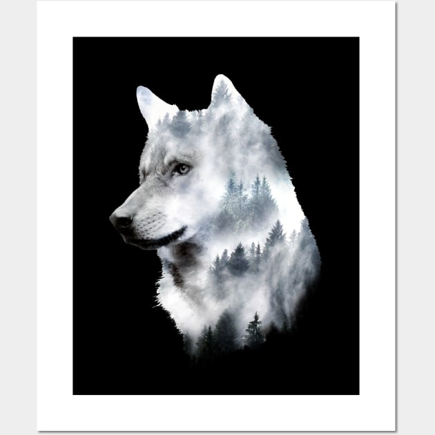 Dramabite Double exposure wolf surreal wildlife nature wilderness Wall Art by dramabite